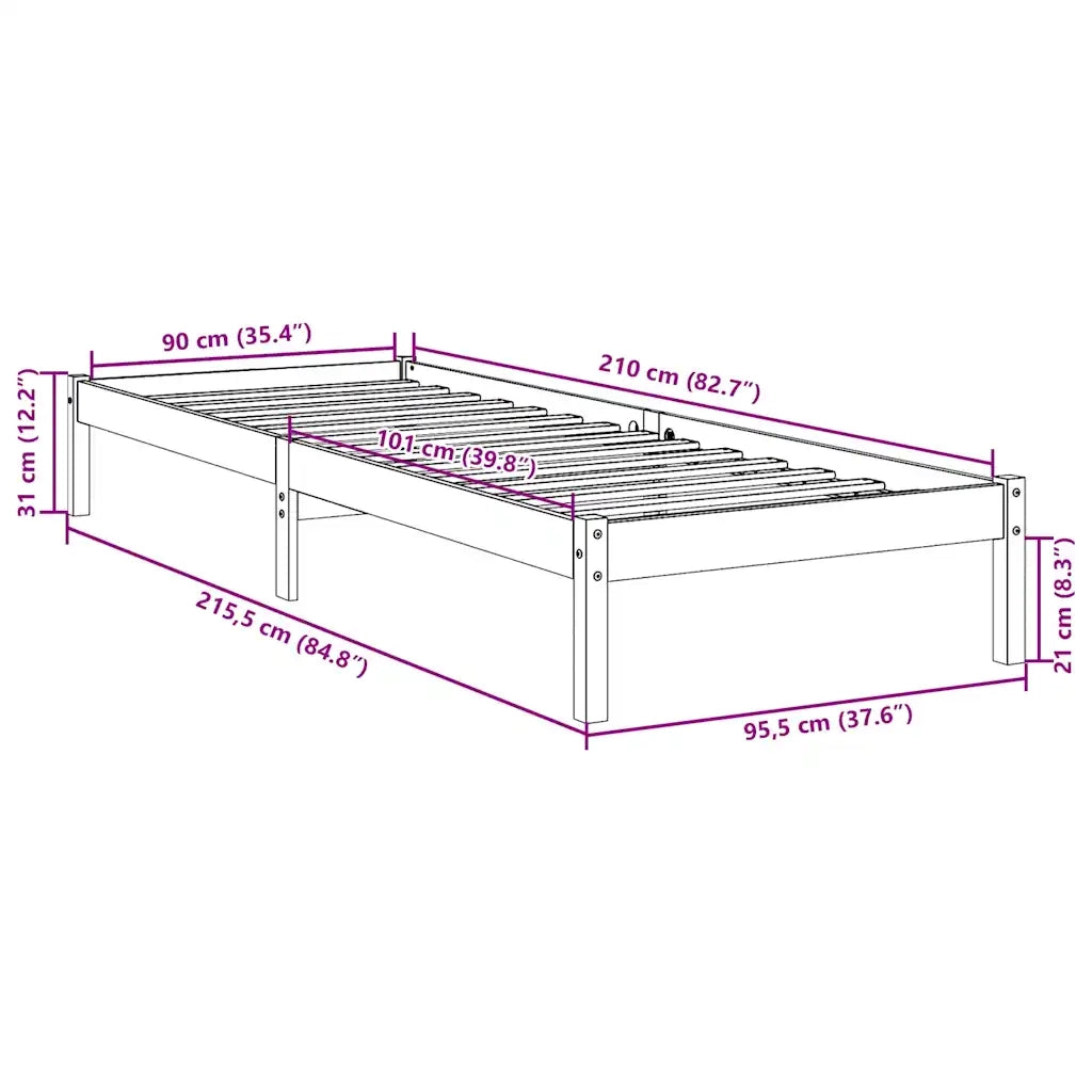 Letto Extra Lungo senza Materasso Bianco 90x210 cm in Pino