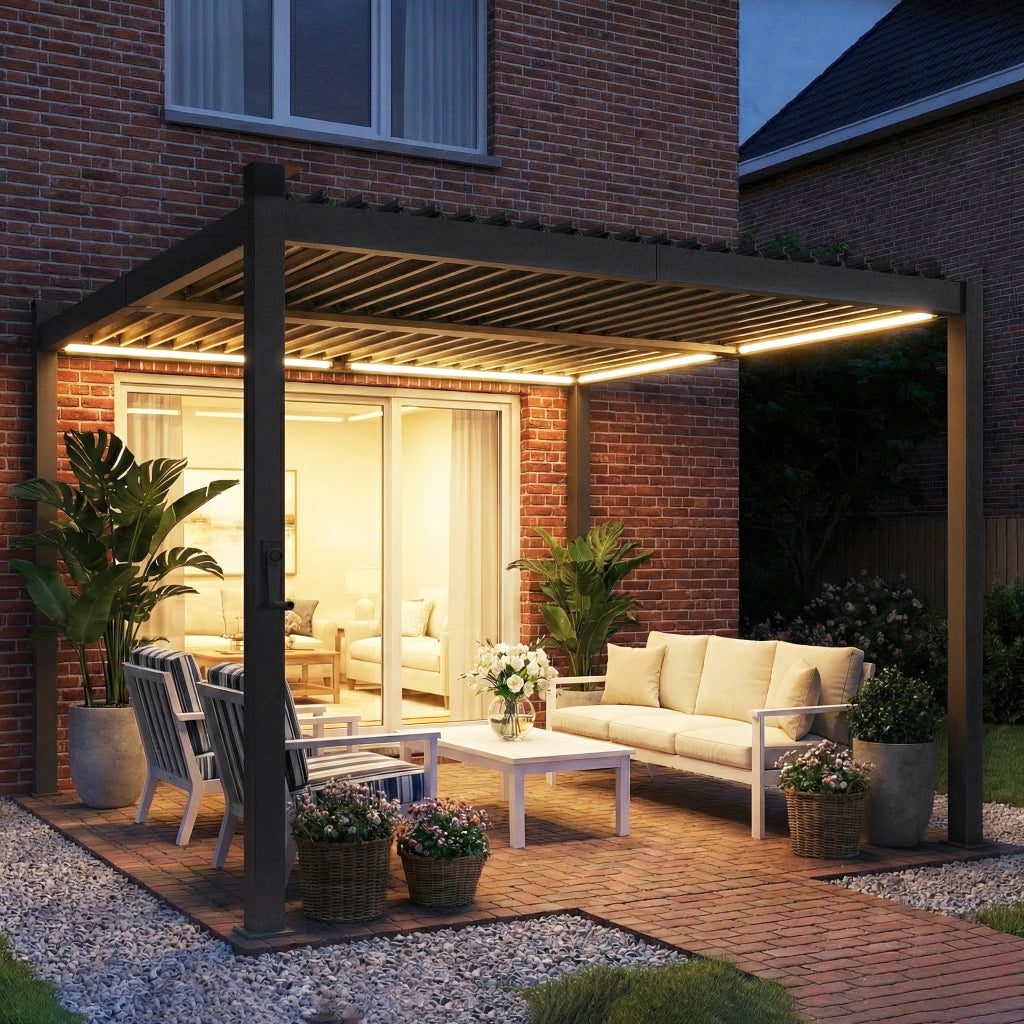 Pergola bioclimatica 3x3m con luci LED solari e grondaie ¨C zephmum ¨C nero