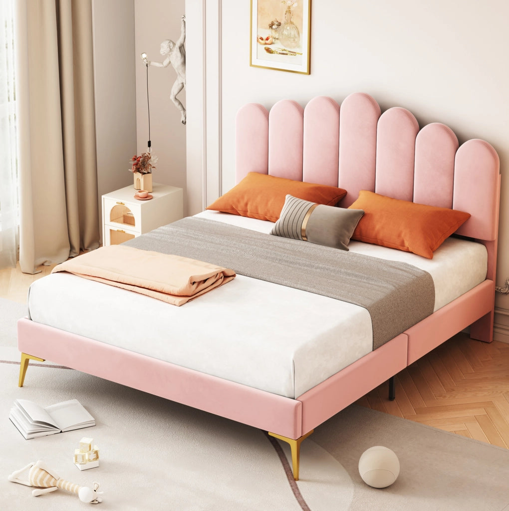 Letto imbottito matrimoniale 140 x 200 cm in velluto rosa; testiera regolabile; 12 doghe