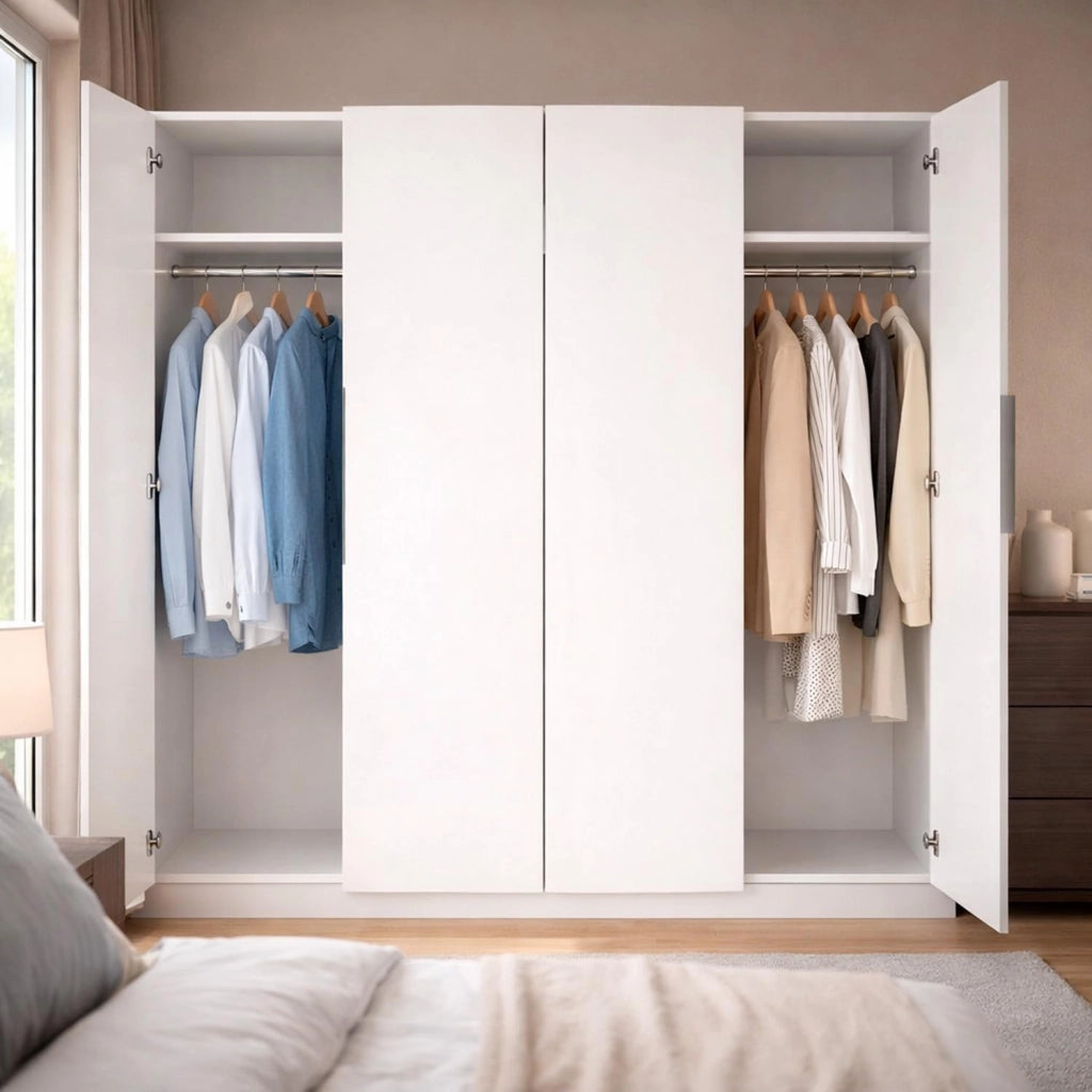 Armadio Multiuso 4 Ante Battenti Con 2 Barre Appendiabiti E Ripiano Interno Per Camera Matrimoniale Cabina Armadio E Stanza Ospiti Design Moderno Minimal 180 x 200 x 52 Cm Colore Bianco