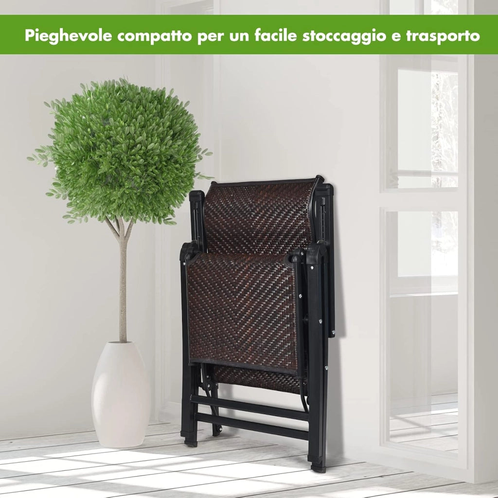 Sedie Pieghevoli e Reclinabili in Rattan, Chaise Longue Portatile con Schienale Regolabile, Sedia a Sdraio da Esterno con Braccioli Ampi, Struttura in Acciaio, per Interno ed Esterno (1)
