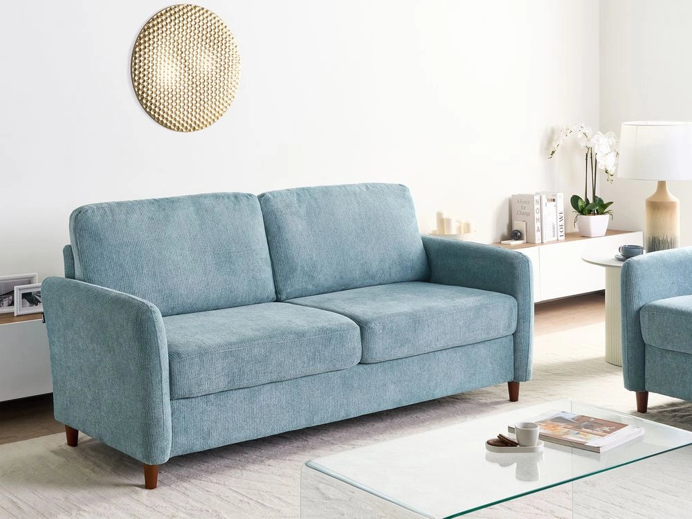 Divano a 3 posti rivestito in tessuto azzurro con poggiabraccia stile moderno soggiorno