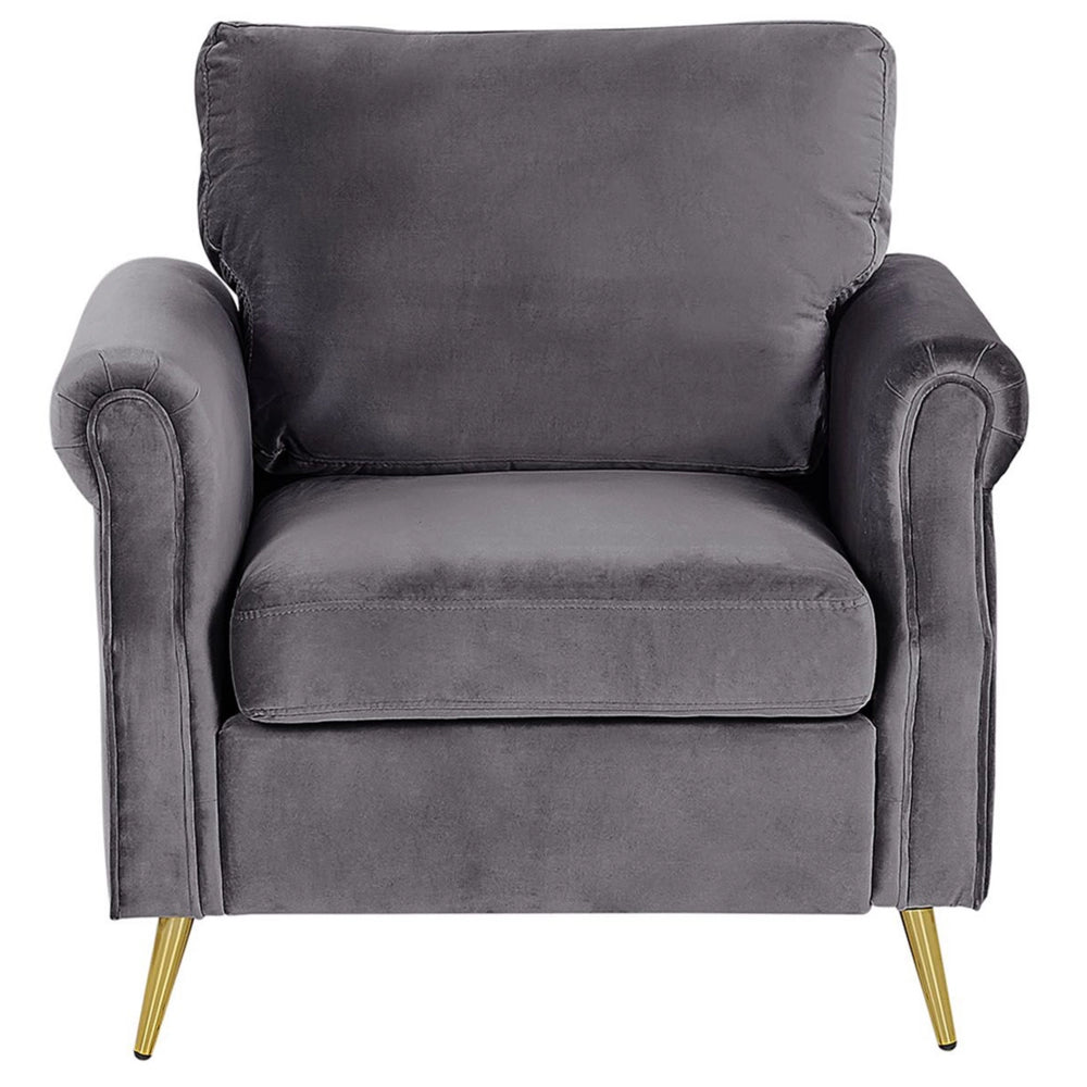 Poltrona Tessuto Velluto Grigio Scuro Rivestimento Gambe In Metallo dorato Cuscini Seduta E Schienale Sfoderabili Stile Retrò Glam