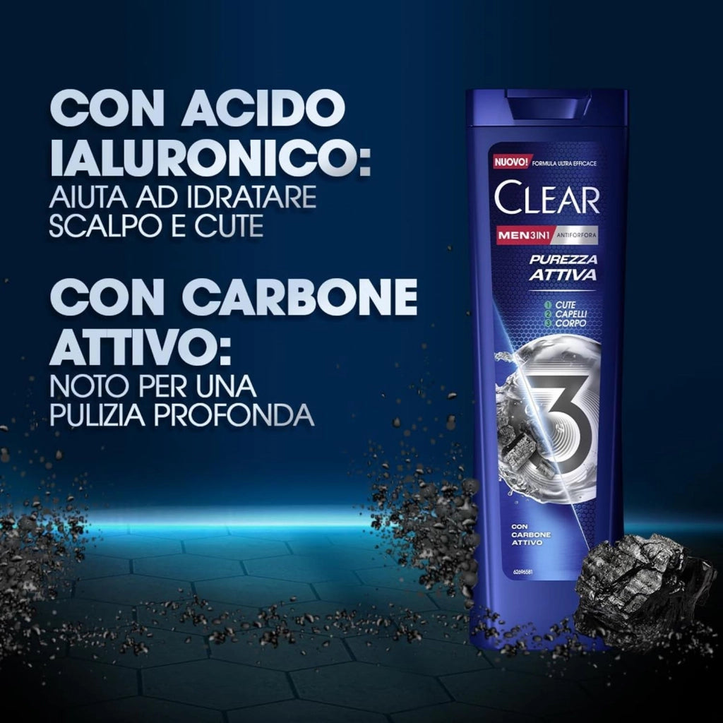 CLEAR SHAMPOO ANTIFORFORA CON CARBONE ATTIVO E ACIDO IALURONICO 225ML 3IN1 PUREZZA ATTIVA OKY