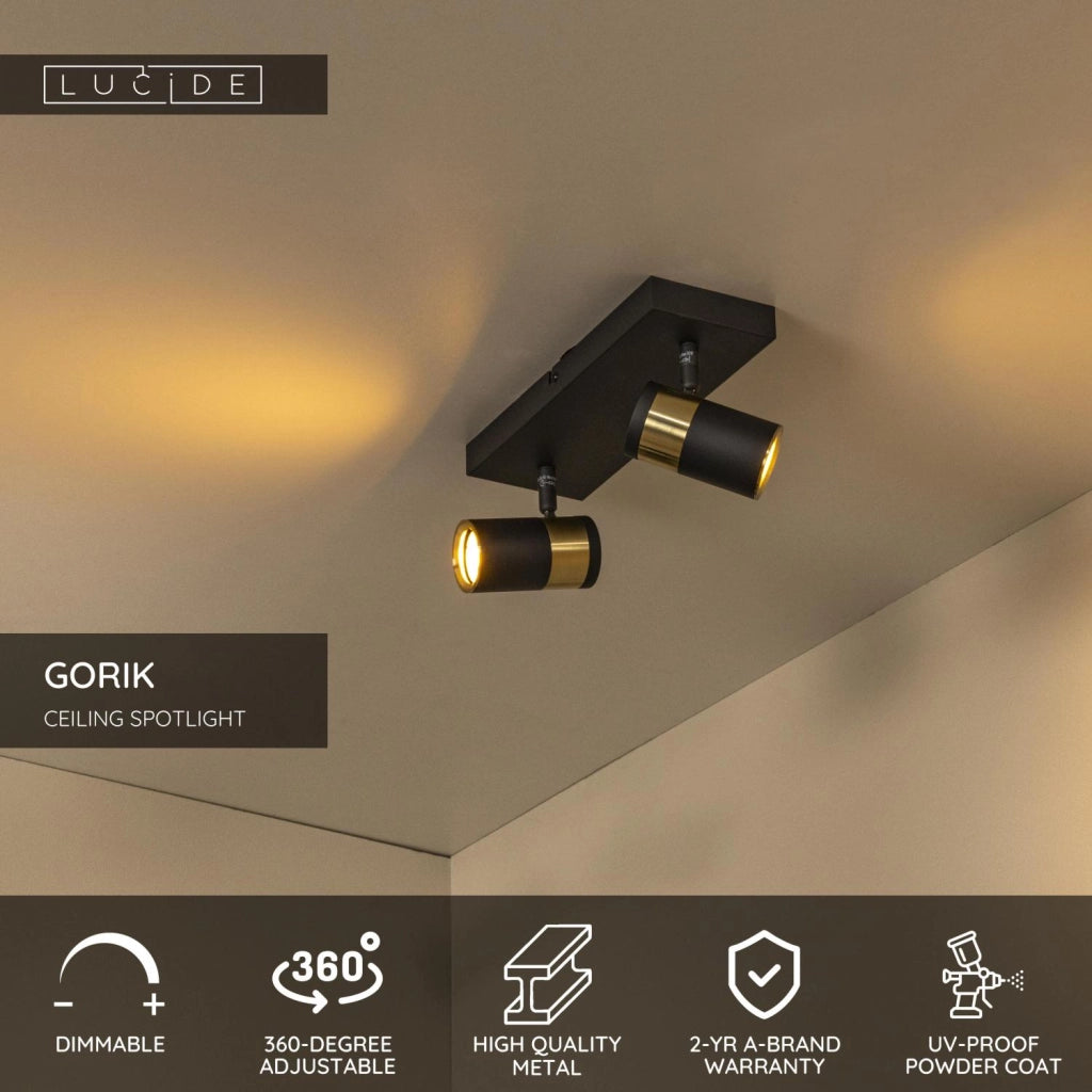 Faretto soffitto rettangolare 2xGU10 nero/oro GORIK Lucide