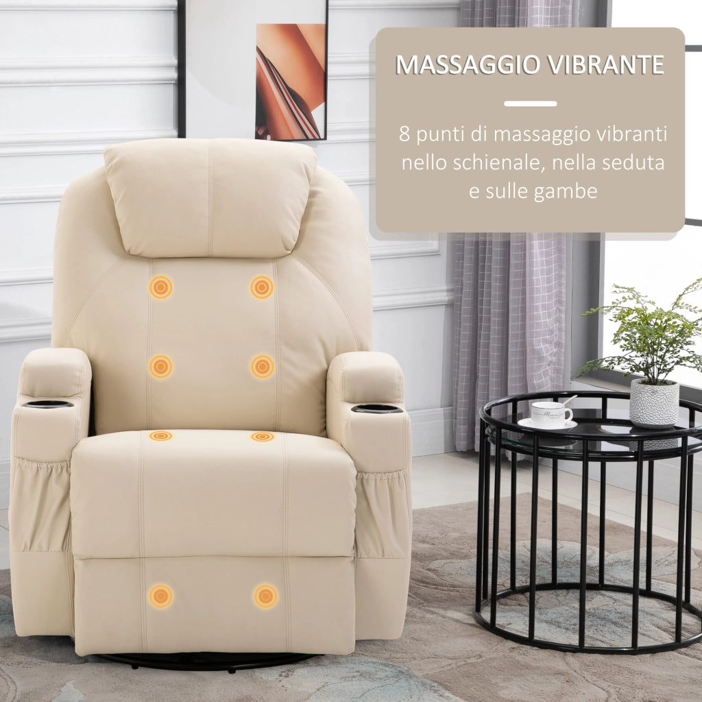 EasyComfort Poltrona Relax Elettrica Reclinabile Girevole con 2 Portabicchieri, Telecomando, Poggiapiedi e 4 Tasche Laterali, in Pelle PU, Legno e Acciaio, Crema
