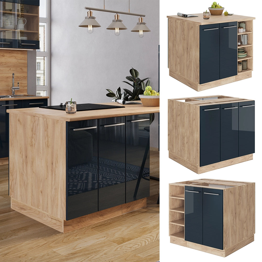 Isola da cucina Fame-Line Blu scuro lucido/Rovere dorato 90 cm senza piano di lavoro Vicco