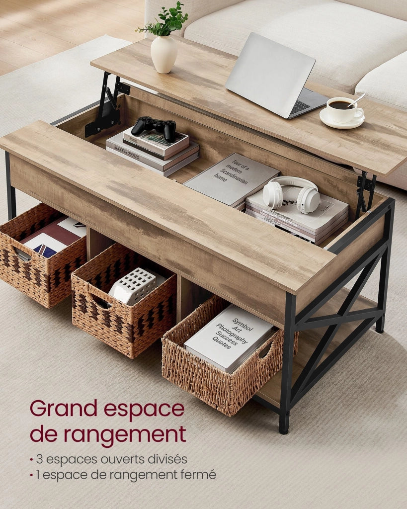 Tavolino da caffè/tavolo da soggiorno con piano sollevabile 60 x 120 x 62 cm con vano portaoggetti aperto e scomparto nascosto marrone 12_0007477