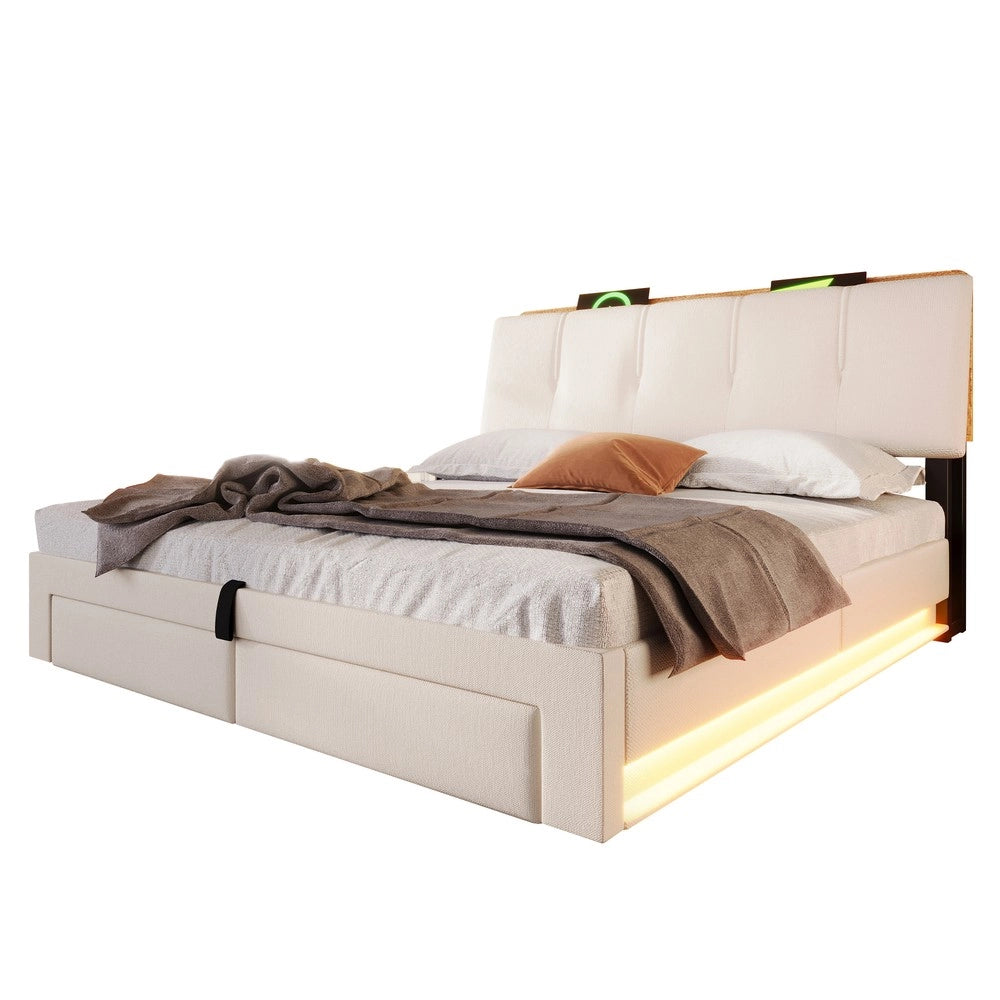 Letto Imbottito Contenitore con LED ¨C Xylo ¨C Tessuto Beige, 140x200, Idraulico