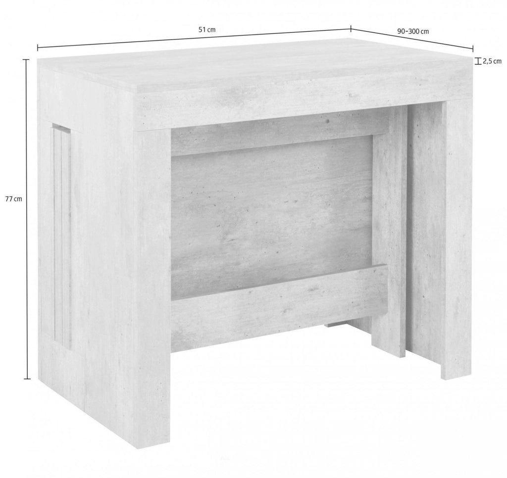 Tavolo da pranzo Anello, Made in Italy, Consolle allungabile fino a 12 posti, con portallunghe, cm 51/300x90h77 Bianco lucido