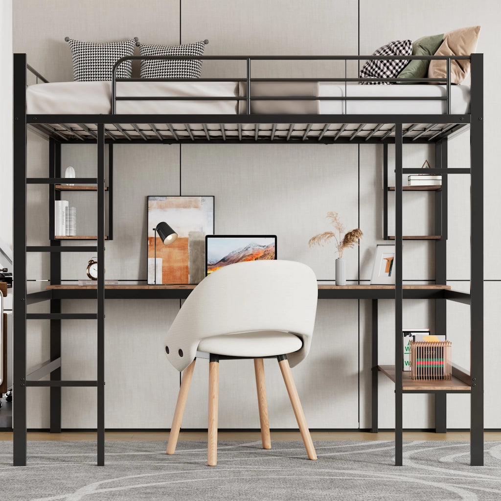 Letto a Soppalco 90 x 200 cm Singolo con Scrivania; 4 Ripiani e Libreria; senza Materasso; Nero
