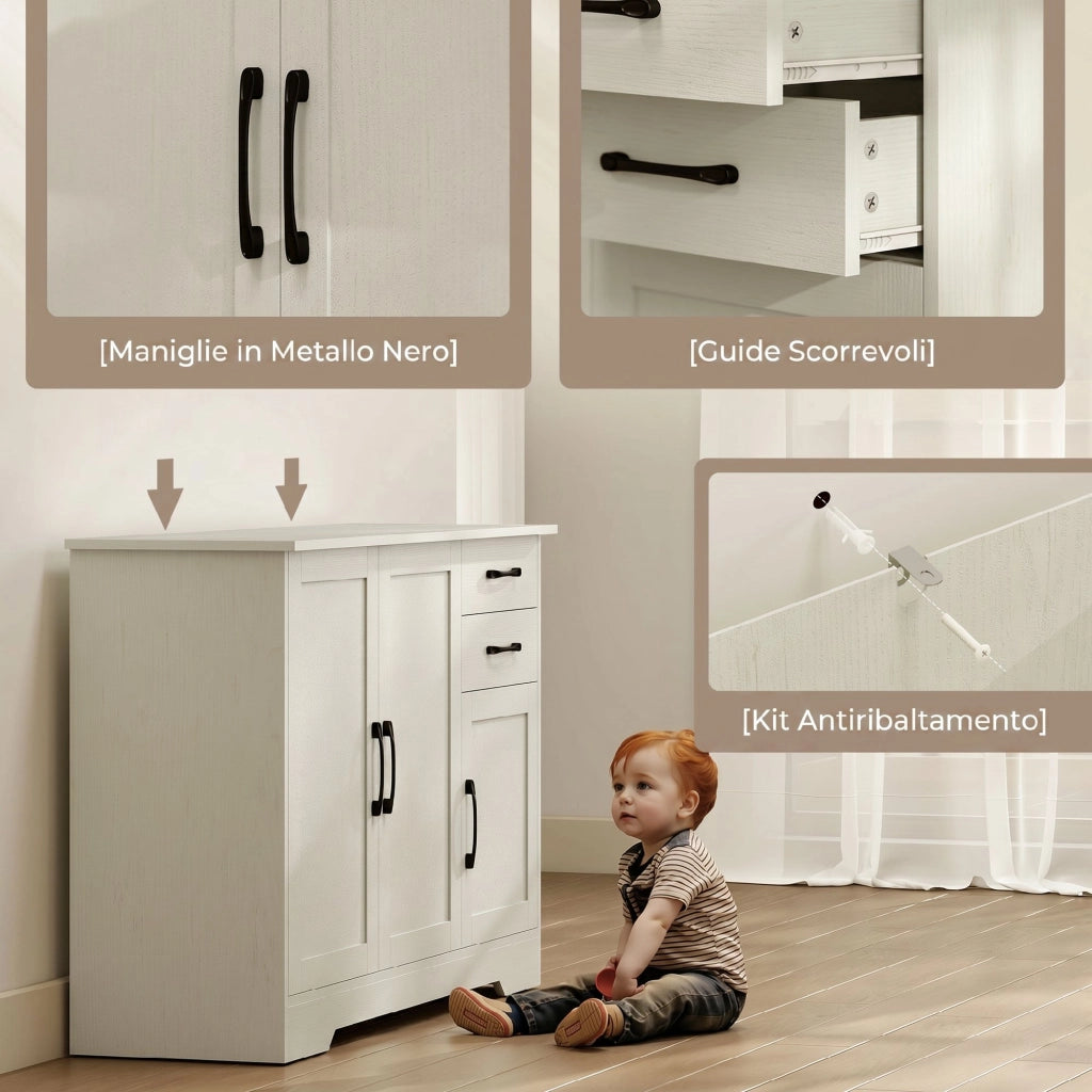 Mobile Cucina 120x38x79 cm con 2 Cassetti e 3 Armadietti Ripiani Regolabili in MDF Crema