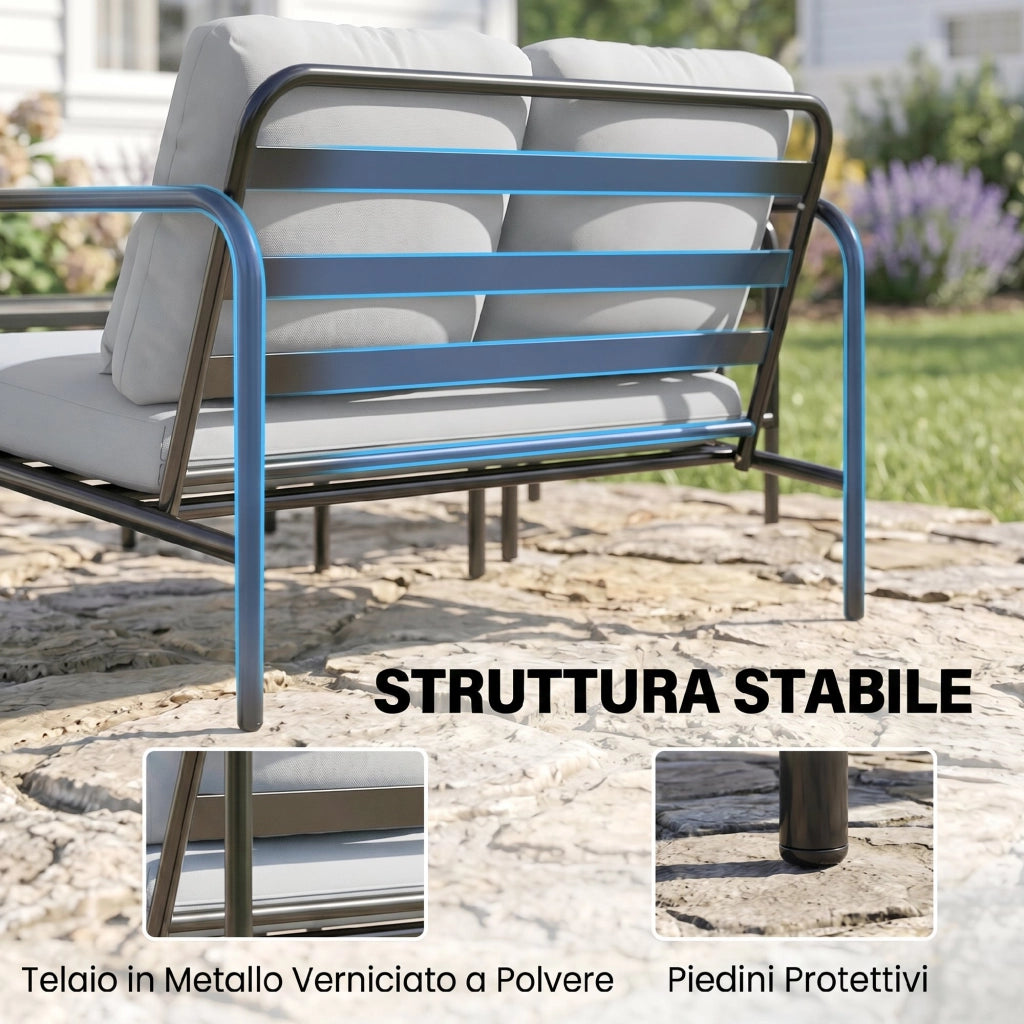 Set 4 Pezzi Salotto da Giardino con Divano 2 Posti 2 Poltrone e Tavolino in Acciaio Grigio Chiaro