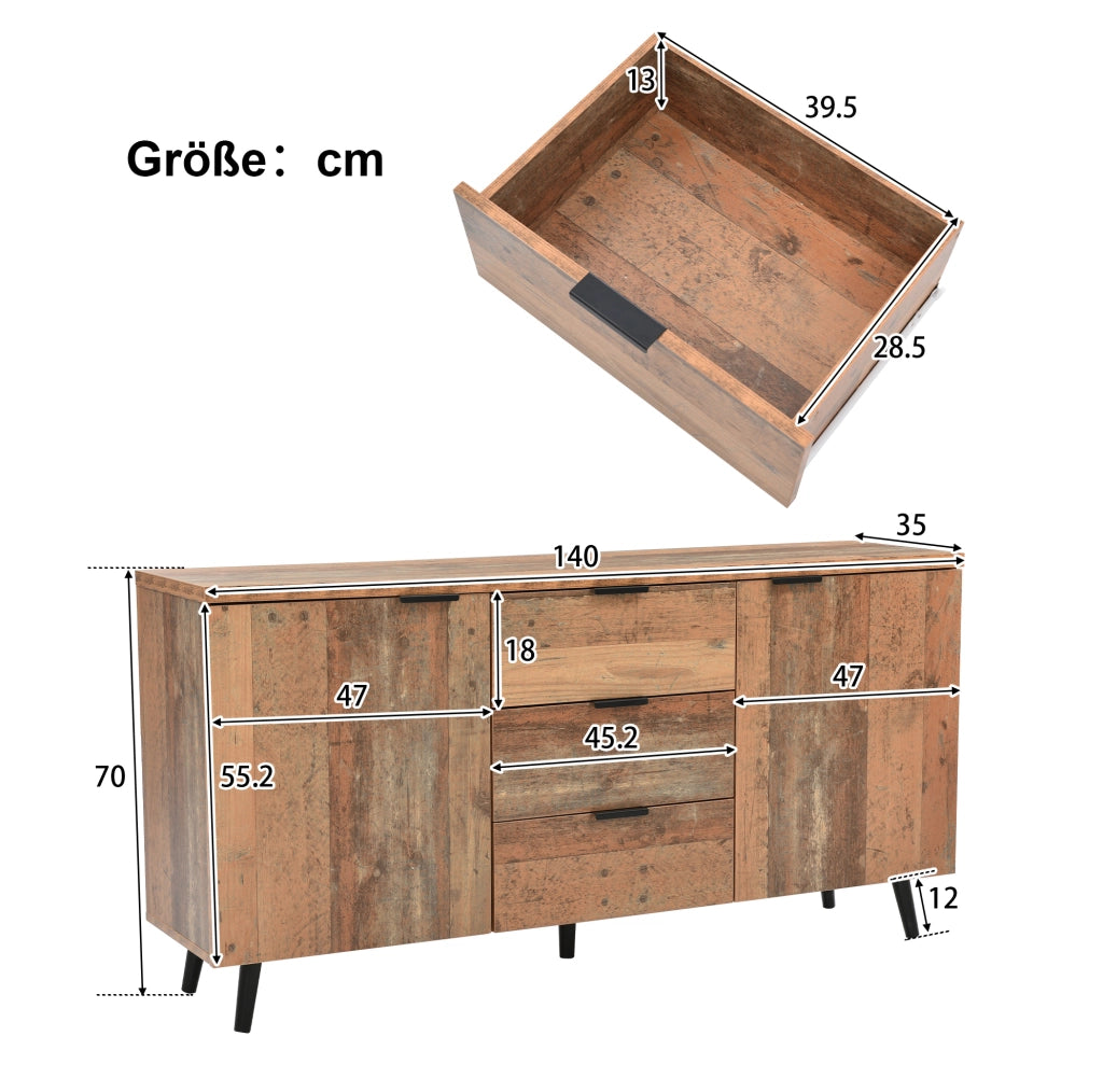 Mobile TV 140x35x70 cm marrone antico in truciolare, 3 cassetti e ripiani