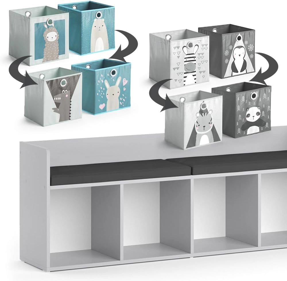 Scaffale per bambini Luigi, Bianco, 107.2 x 88.6 cm 4 scomparti, con cassette pieghevoli grigie, combinabile con altri elementi della serie Luigi