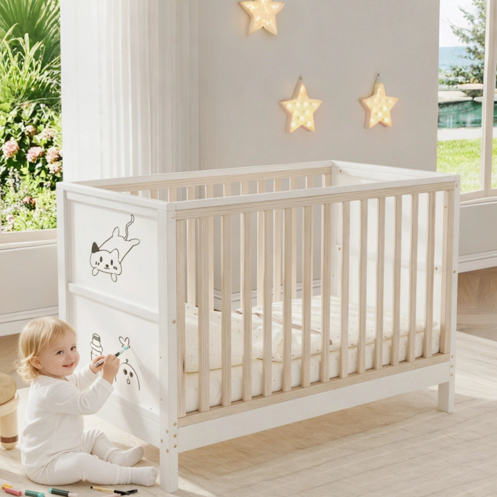 Letto per bambini 120 × 60 cm con tavole da disegno, 3 altezze regolabili, trasformabile in lettino laterale e divanetto, senza materasso, legno massiccio naturale e bianco