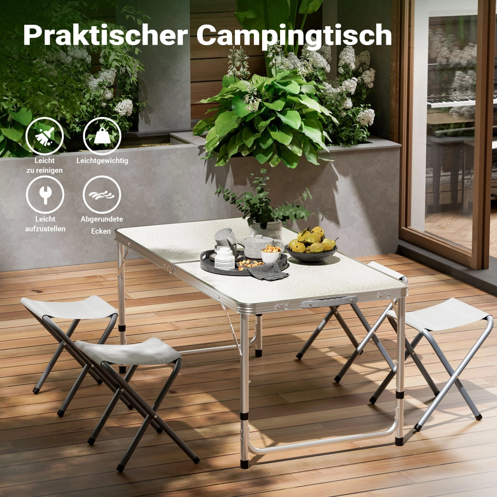 Set da campeggio con tavolo pieghevole regolabile in altezza e 4 sedie richiudibili per uso outdoor