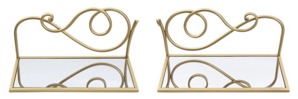 Comodino Mensola Coppia 41,5x18x20,5 cm in Ferro MDF e Specchio Oro
