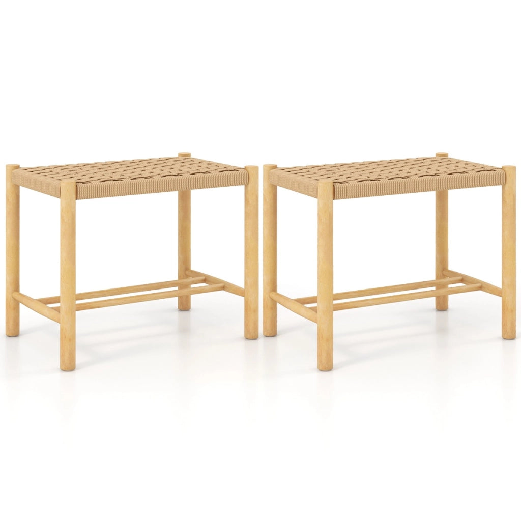 2 Sgabelli in legno di gomma con seduta intrecciata in carta, Sgabelli senza schienale Naturale 56x36x45cm-Sgabelli