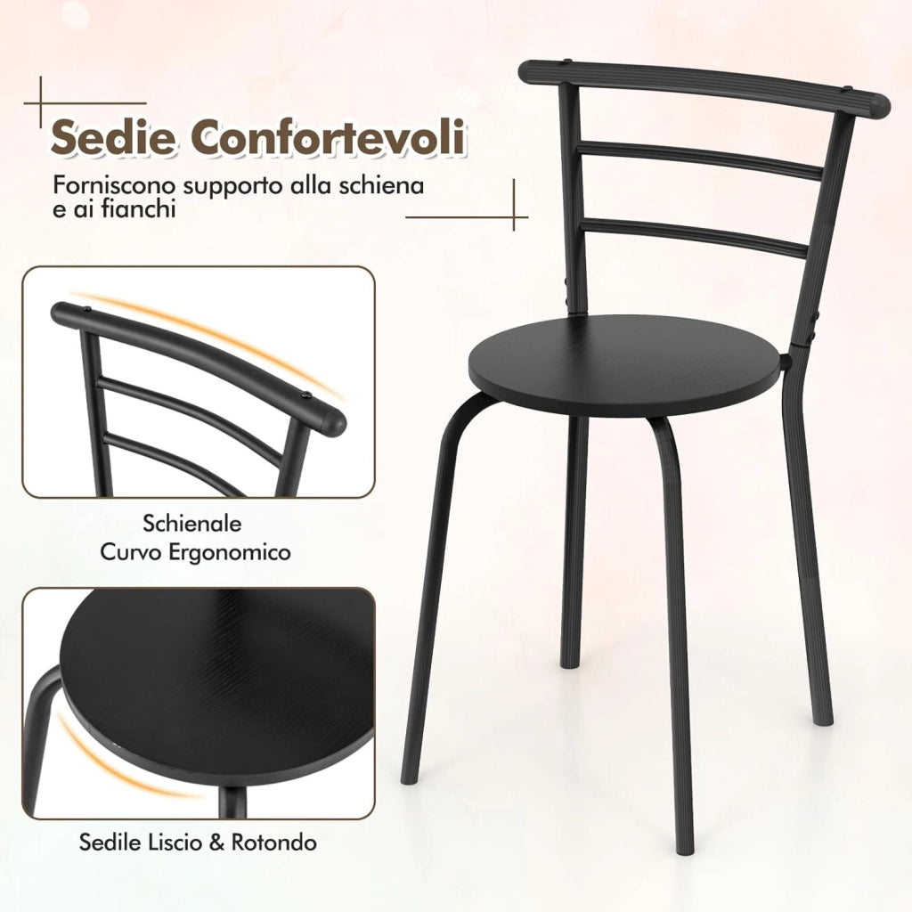 Tavolo da Pranzo con Sedie, Tavolo da Bar con Ripiano e 2 Sedie, Set Mobili da Bar per Sala da Pranzo, Balcone, in Legno e Metallo, Sedia Portata 150 kg (Nero)