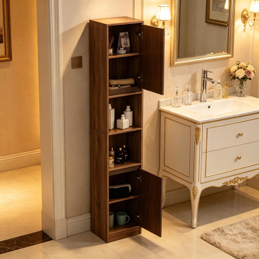 Armadietto da bagno alto e stretto con 2 ante, 2 vani aperti e ripiani regolabili, in MDF e truciolare, grigio rovere
