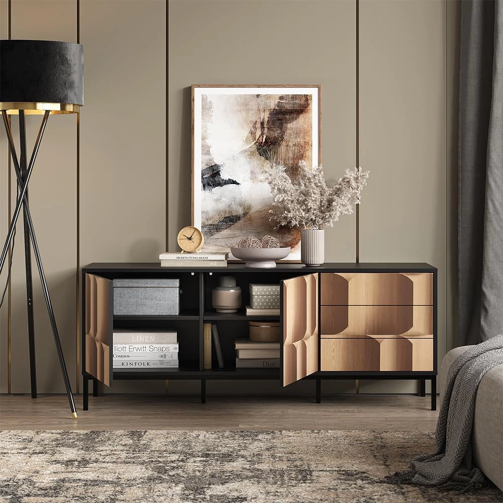 Lowboard Eliza, Nero/quercia, 150 x 60 cm con 3 cassetti, utilizzabile come supporto TV e per la conservazione