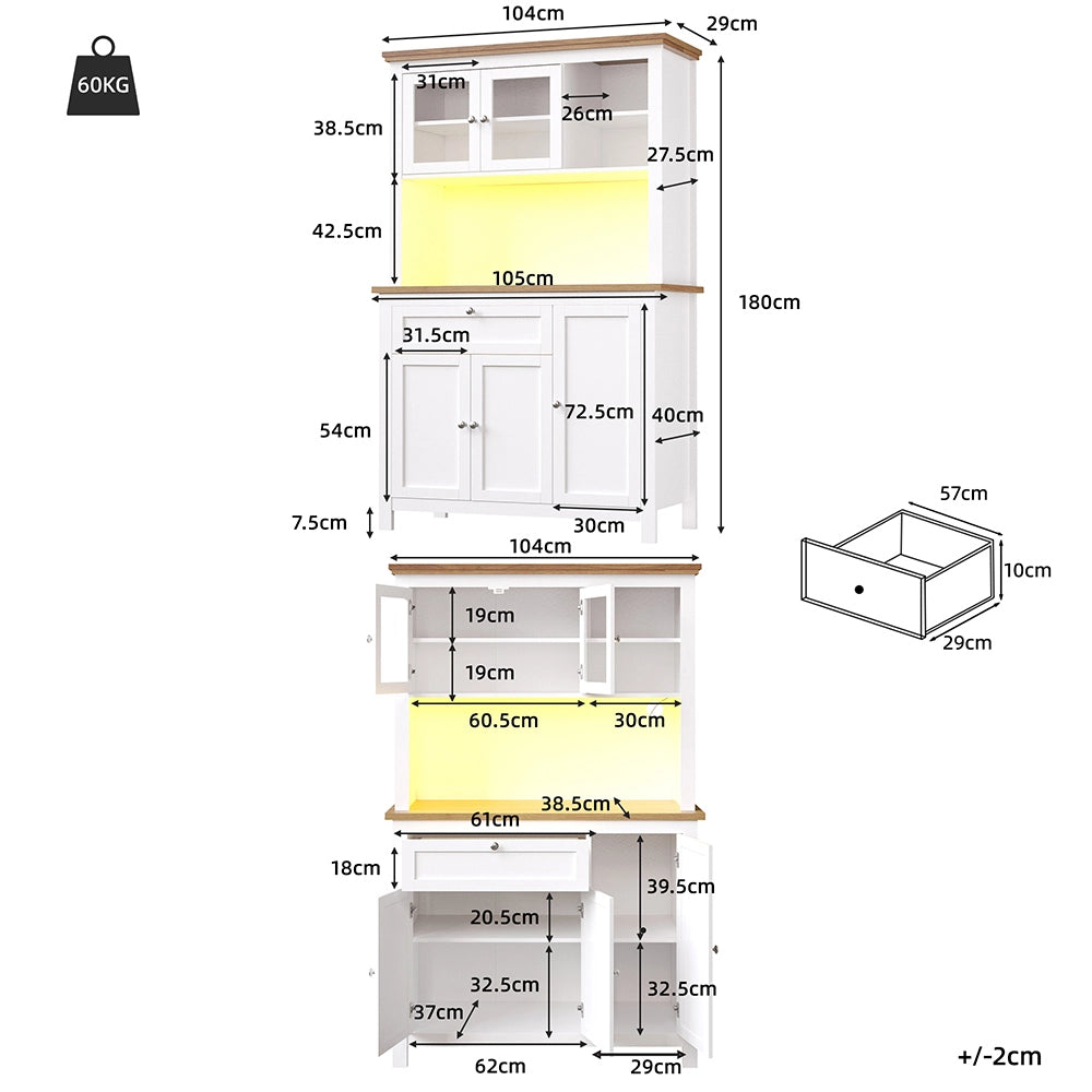 Armadio da cucina alto - Xylo - 104??40??180 cm - Bianco - Vetrina, illuminazione LED, colori variabili, ripiani regolabili