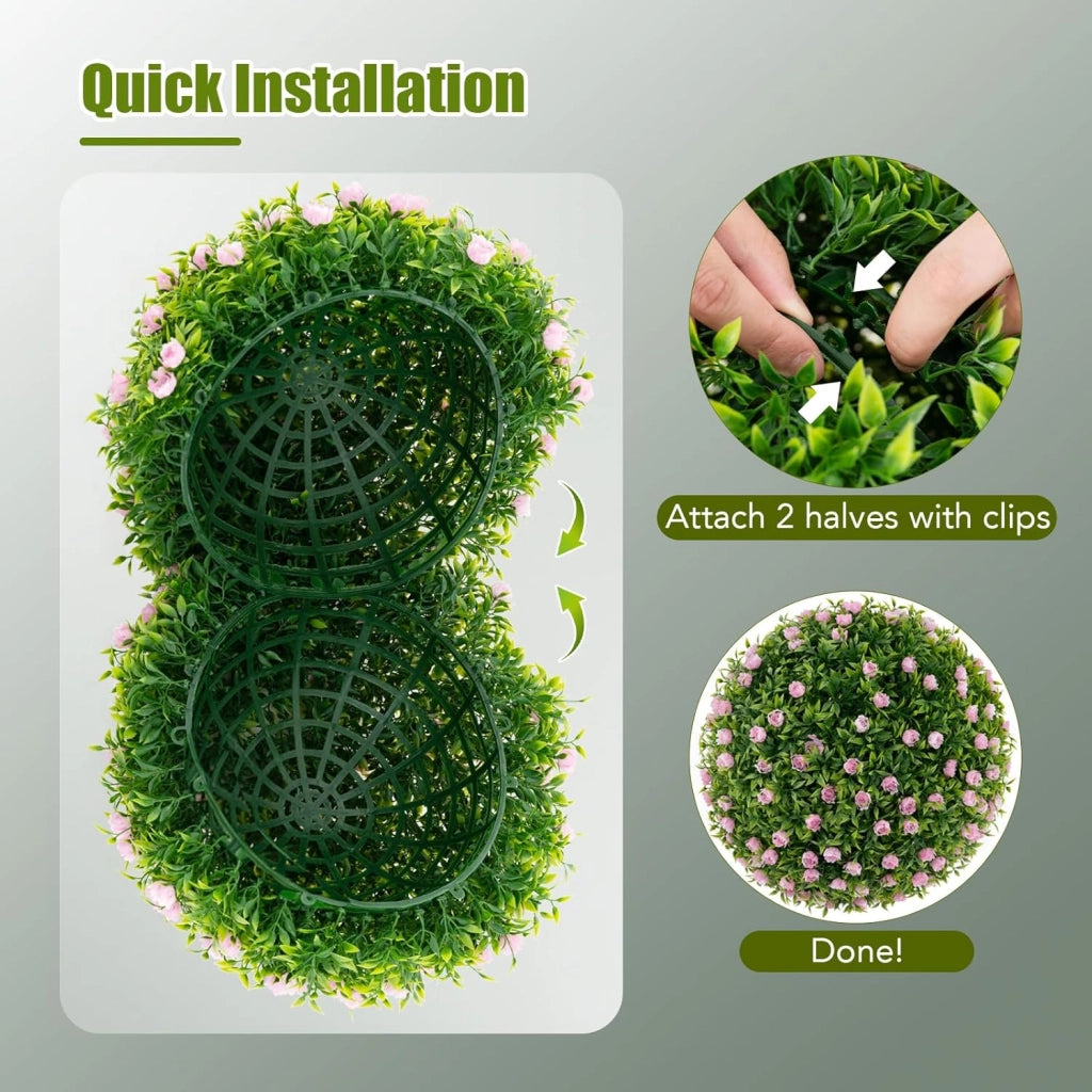 Lot de 2 Boules Décoratives Artificielles de 37 cm avec Fleurs de Roses, Cadre en Polypropylène Sûr et Fiable, Sphère Décoratives de Jardin avec Fleurs, pour Porche, Maison