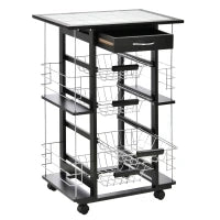 Carrello da Cucina con Cassetto, 4 Cesti di Frutta Estraibili e Piano in Ceramica, Carrello Cucina Salvaspazio con 4 Ripiani Laterali in Legno di Pino e Metallo, 57x37x83 cm, Nero