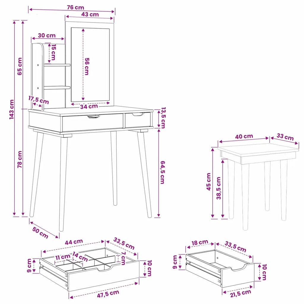 Set Tavolo da Trucco FAUSKE 4 pcs Bianco 76 x 50 x 143 cm 3438593