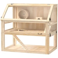 Gabbia per criceti a 3 livelli con fondo removibile e altalena, 80x50x76 cm, Legno naturale