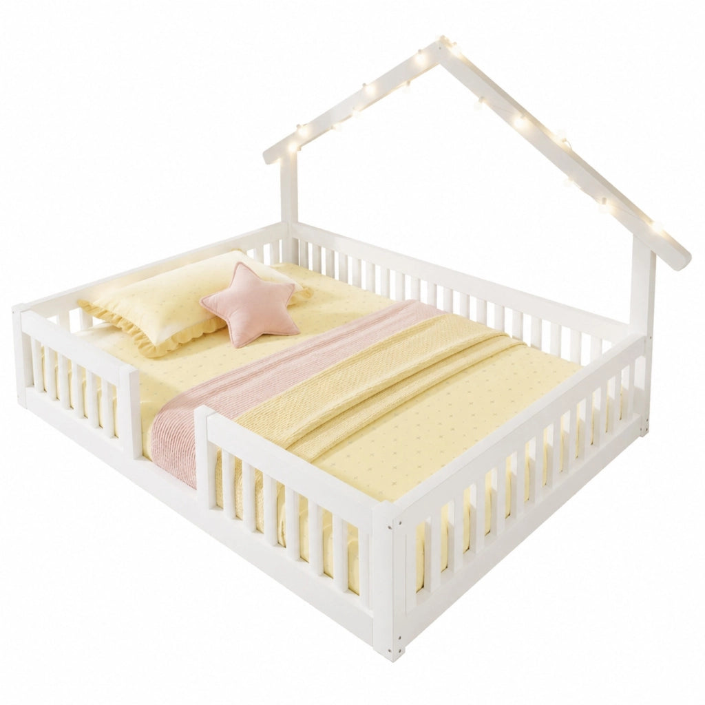Letto a pavimento a casetta per bambini 140x200 cm con LED e barriera di sicurezza; bianco