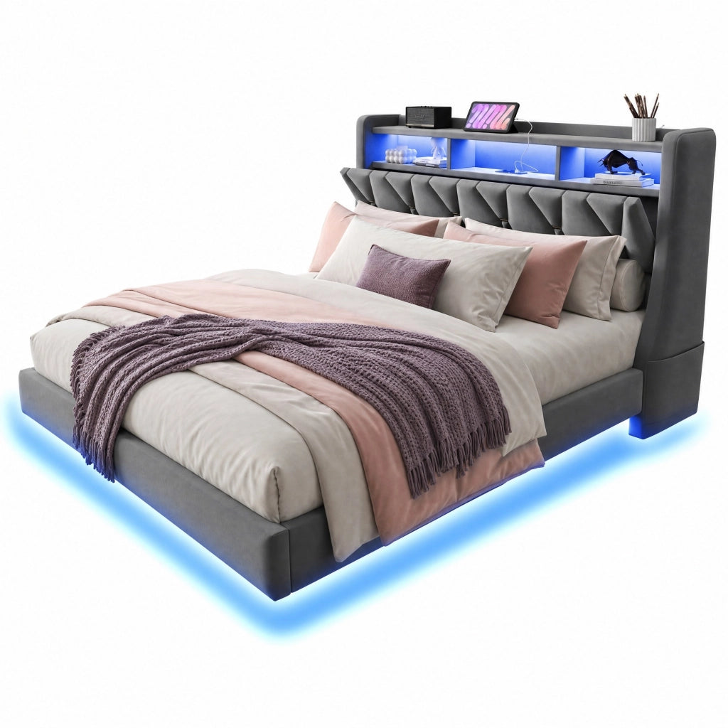 Letto matrimoniale imbottito 180x200 cm in velluto grigio con testiera pieghevole; LED e prese