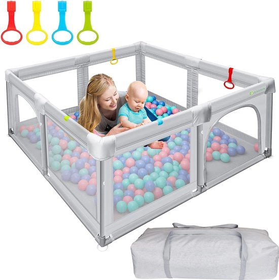 Casa per bambini con apertura di ventilazione su quattro lati e morsetti, grande area di gioco sicura (150 x 150 x 68 cm, grigio)