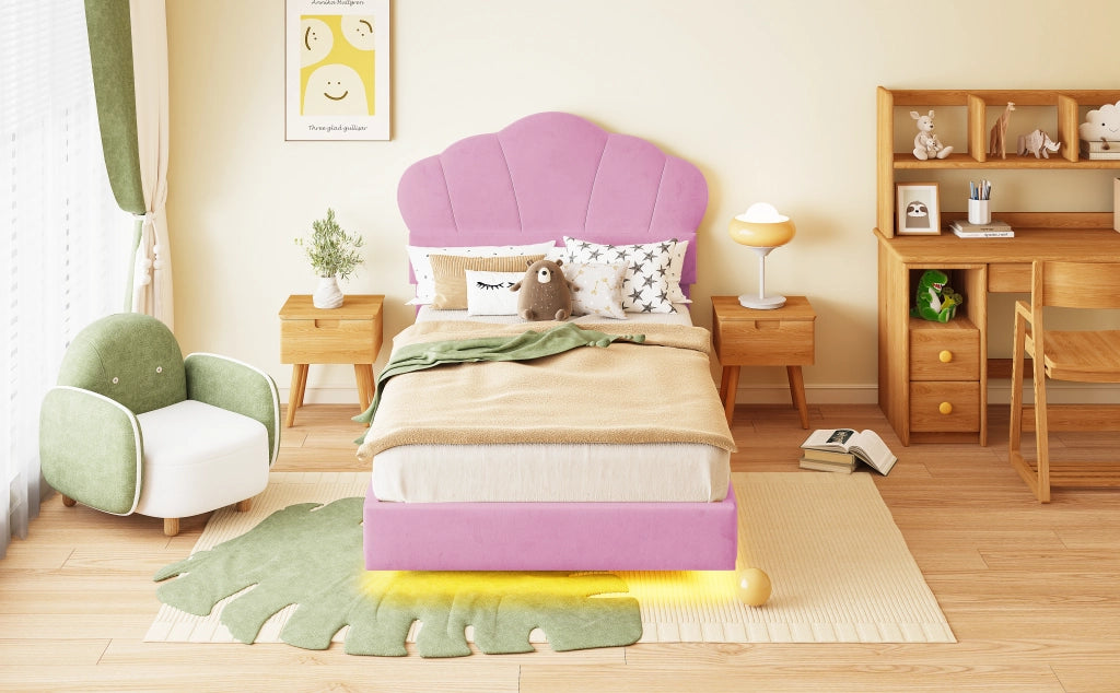 Letto imbottito per bambini con testiera a nuvola e LED, 90x200 cm, rosa