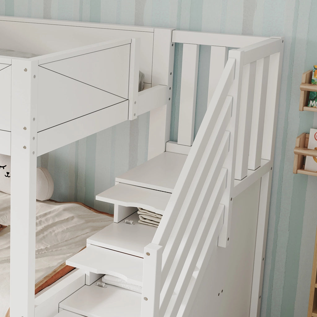 Letto a castello per bambini 90x200 cm con scala contenitore, vani portaoggetti sotto il letto, sponde di sicurezza alte e libreria, legno bianco