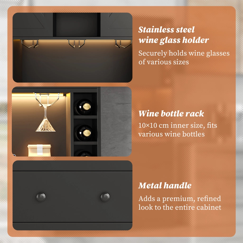 Credenza buffet con ripiani regolabili, cassetto, luci LED e prese, cucina e soggiorno, nero 180 × 105 × 40 cm