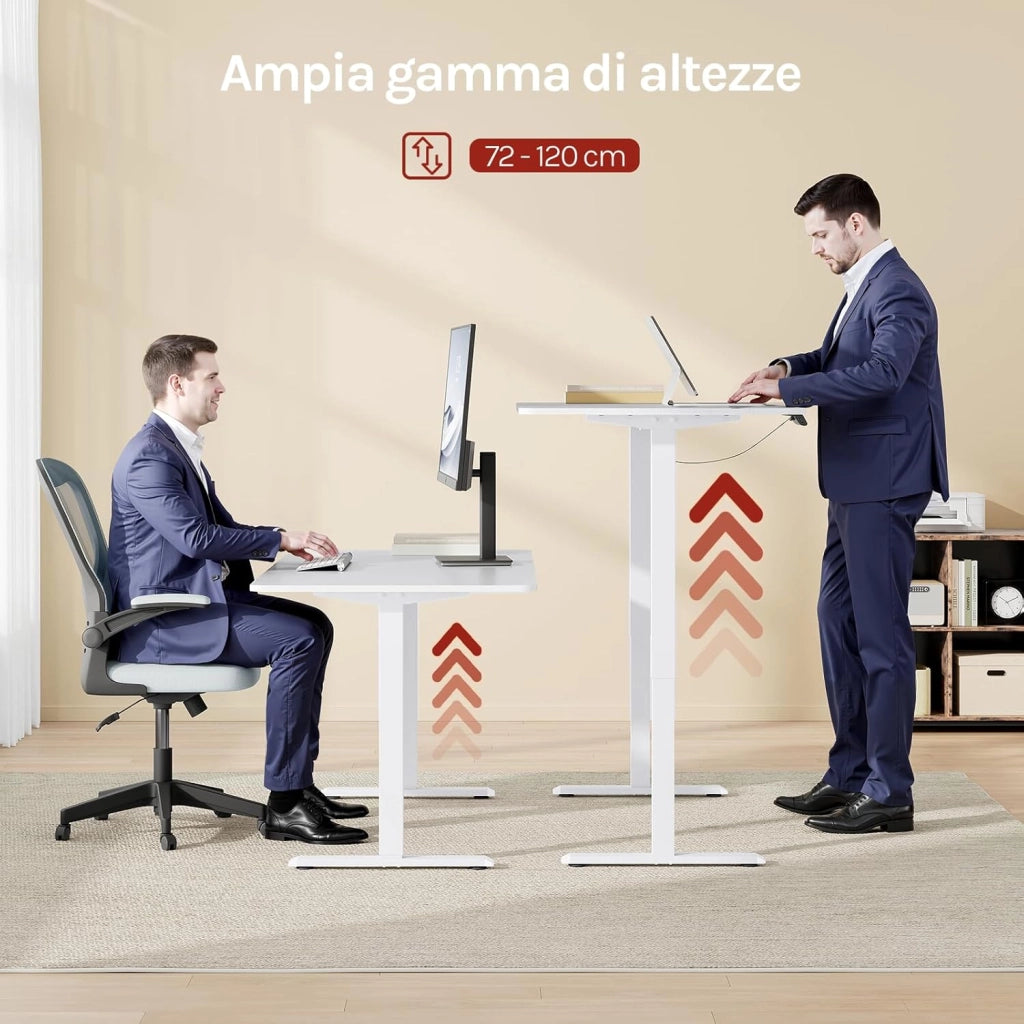 Telaio Scrivania Regolabile in Altezza, Telaio da Scrivania in Piedi, Supporto Elettrico da Tavolo, Standing Desk con 4 Funzioni Memoria, Anti-collisione, 72-120 cm, Bianco