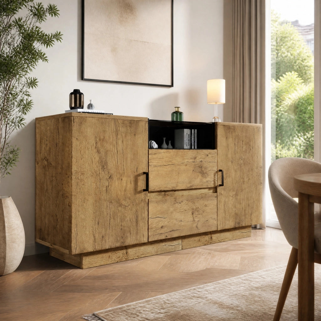 CREDENZA in effetto rovere 140x40x70 cm con 2 cassetti, 2 armadi e vano aperto