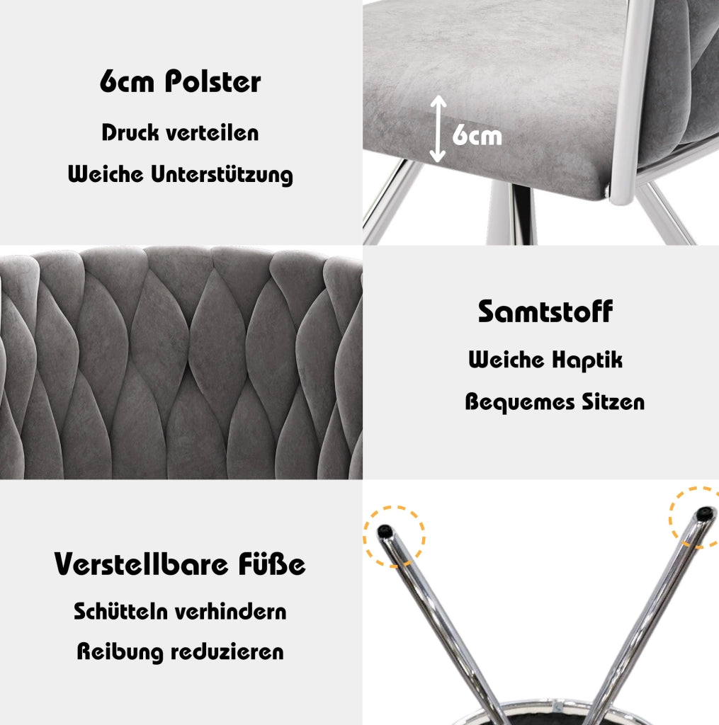 Set 6 sedie da pranzo girevoli 360° in velluto grigio con struttura in metallo