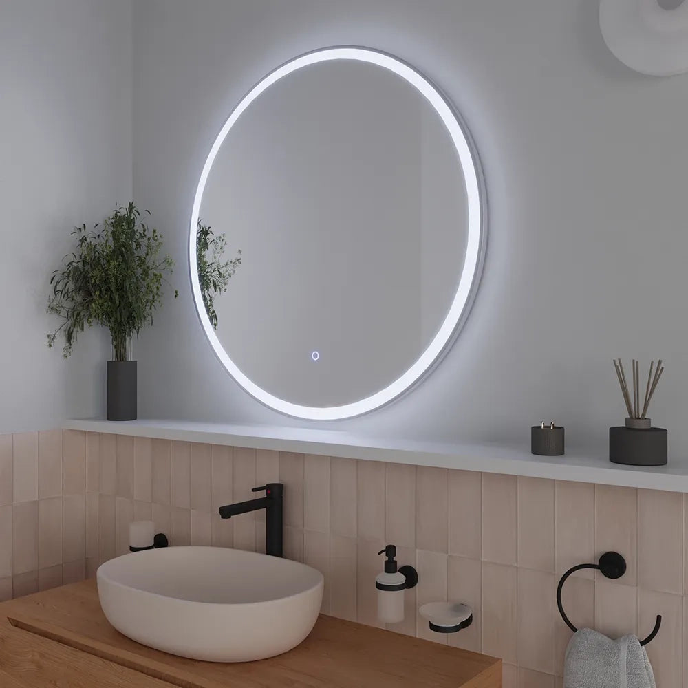 Specchio led tondo Ø 80 cm cornice bianco opaco touch screen luce calda/fredda
