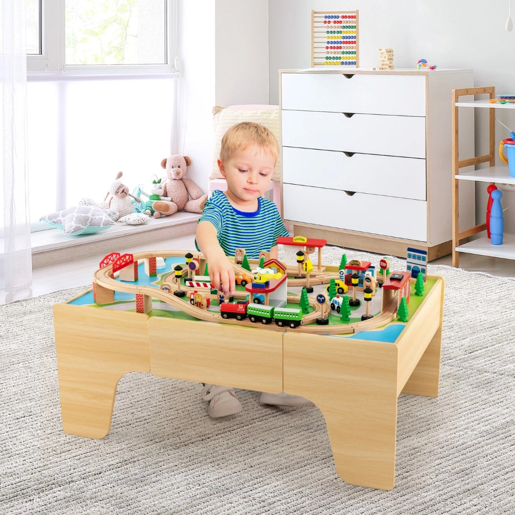 Set di trenini in legno con tavolo reversibile e staccabile cassetto capiente, Tavolo da gioco per bambini 84 Pezzi