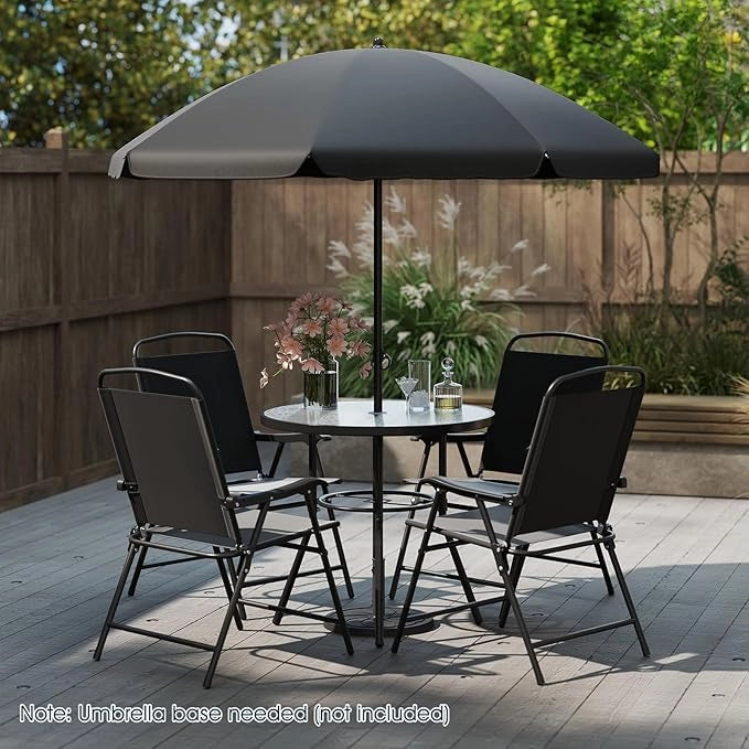 Set da Pranzo da Giardino a 6 Pezzi con Ombrellone, Tavolo e Sedie da Esterno con 4 Poltrone Pieghevoli e Tavolo Rotondo in Vetro Temperato per Giardino, Terrazza, Prato e Cortile