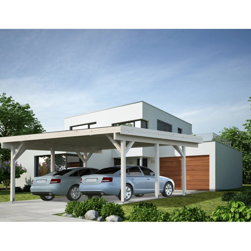 Carport doppio in legno lamellare 20,6 m² con tetto in perline 19 mm, struttura per 2 auto da esterno 600x512 cm - Esterni da Vivere