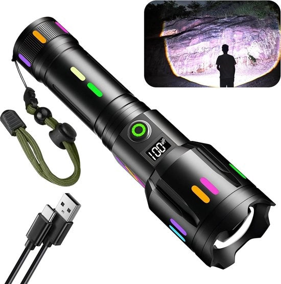 Lampada LED portatile con 1000000 lumen - con chiusura di sicurezza - regolazione di focus - uscita USB - impermeabile - 6 modalità di illuminazione - per campeggio e escursioni all'aperto - emergenze - batteria 5000 mAh