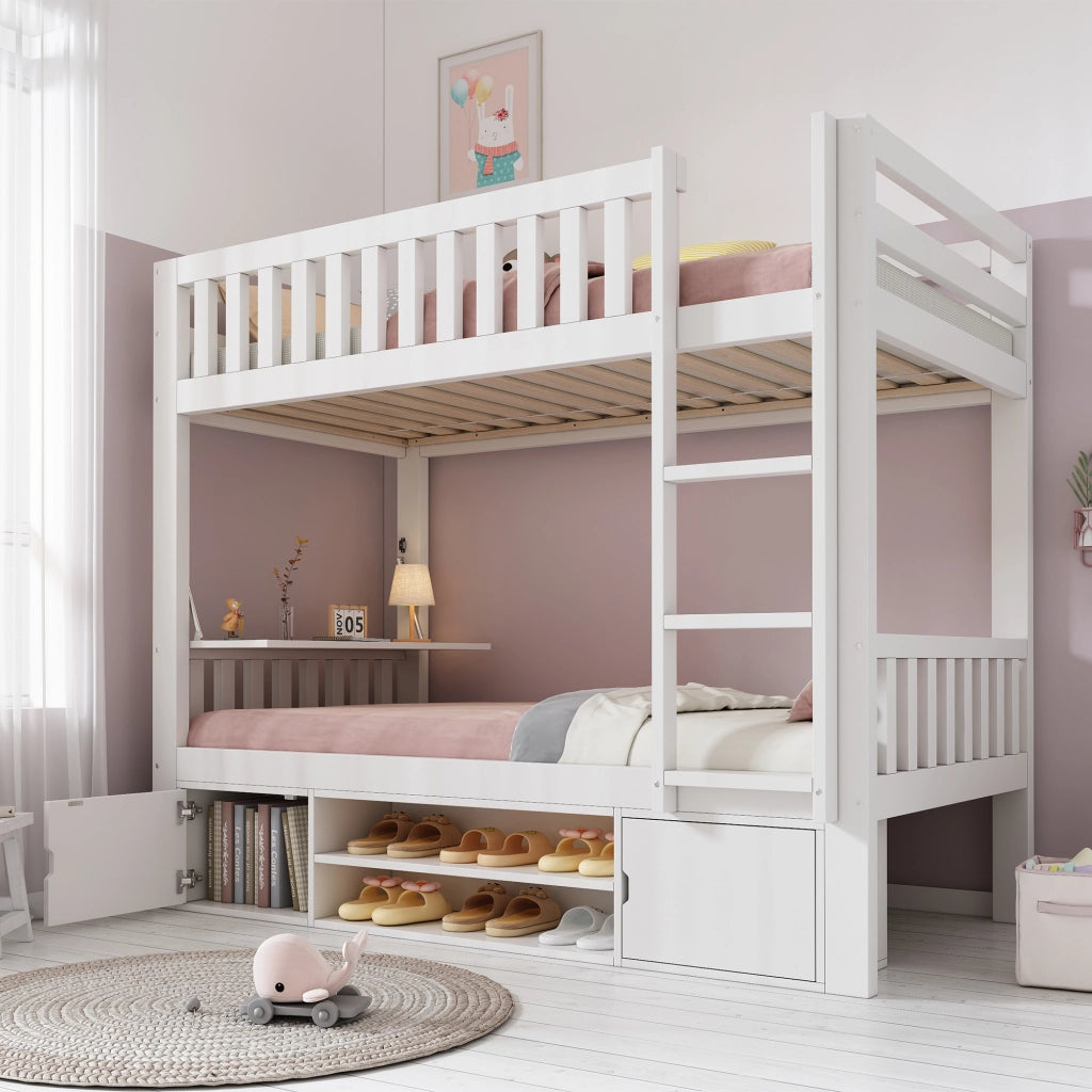 Letto a castello per bambini 90 × 200 cm con tavolo pieghevole, scarpiera e armadi, senza materasso