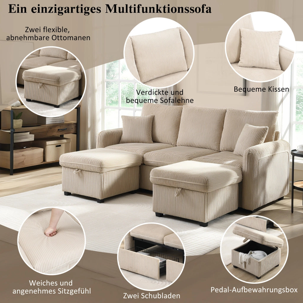 Divano angolare convertibile 3 Posti con Contenitore, 2 Pouf contenitore e Cuscini, in Velluto a coste Beige