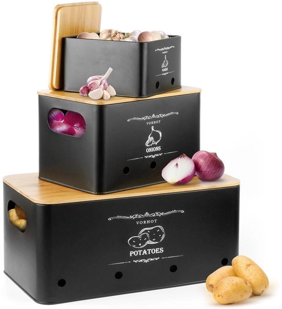 Set di conservazione per patate, insieme di 3 contenitori per cipolle, patate e aglio, contenitore per patate con coperchio in bambù, nero