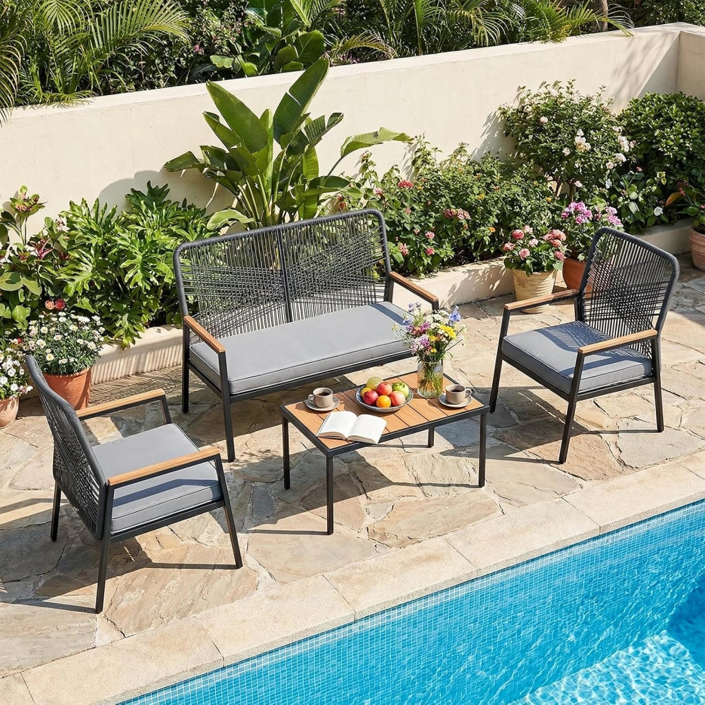 Panchina da giardino in rattan, sedia da giardino a 2 posti in polyrattan, panchina da esterno, resistente alle intemperie, braccioli in WPC, per terrazza, giardino e veranda, grigio