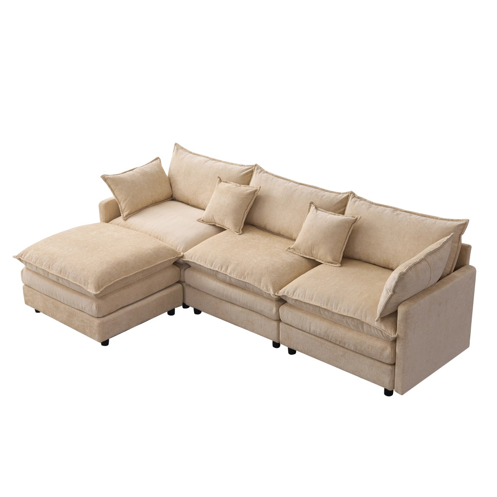 Divano angolare modulare 3 posti con chaise longue e pouf; design componibile in chenille - caffè chiaro